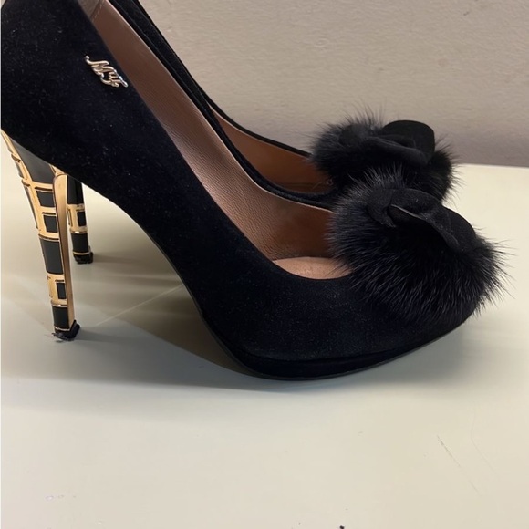MARINO FABIANI MADE IN ITALY velvet black heel with fur detail - Picture 1 of 6
